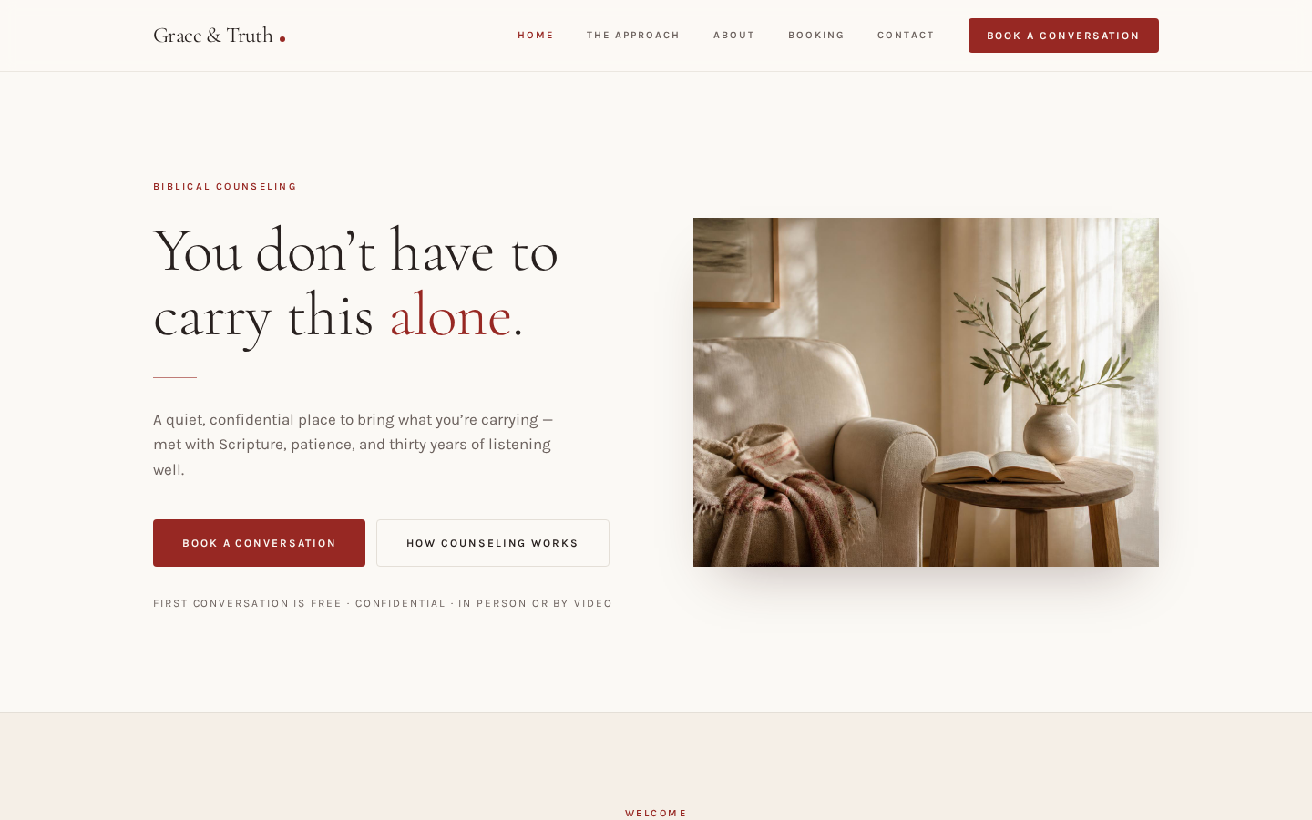Homepage of the Grace & Truth Counselor Website — Counseling & Coaching website built by Graytech Studio